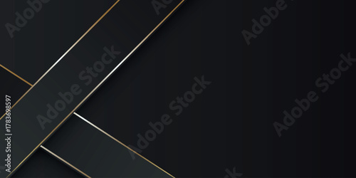 Dark abstract background with a luxurious and elegant design of gray gradient geometric shapes and shiny gold lines. Vector Illustration