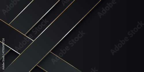 Dark abstract background with a luxurious and elegant design of gray gradient geometric shapes and shiny gold lines. Vector Illustration EPS 2