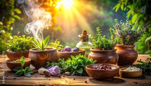 Enchanted ayurvedic table filled with fresh herbs, clay bowls, and healing crystals emitting soft ethereal glow, symbolizing balance and purity,