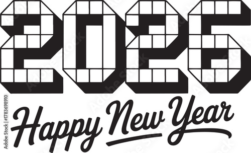 2026 Happy New Year text graphic with geometric numbers vector