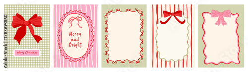 A Christmas illustration set featuring original hand-drawn doodles, refined ribbon-and-bow frames, striped decorative accents, and elegant typography. Ideal for greeting cards, invitations, and poster