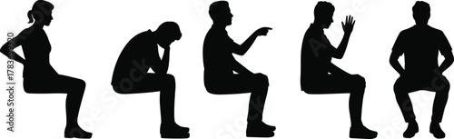Silhouettes of seated people, various sitting postures, body language gestures, human figures in chairs, expressive poses, black silhouettes, communication, stress, conversation, pointing, thinking
