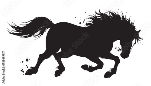 Silhouette of a galloping horse with a flowing mane and tail, accentuated by scattered ink splatters.