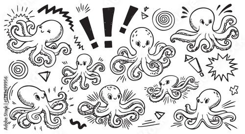 Playful black and white cartoon octopuses with varied expressions and doodles such as exclamations and spirals scattered around them.
