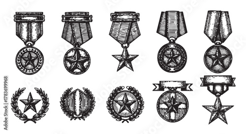 Hand-drawn black and white illustrations of eight different military medals and associated badges, featuring stars and ornate designs.