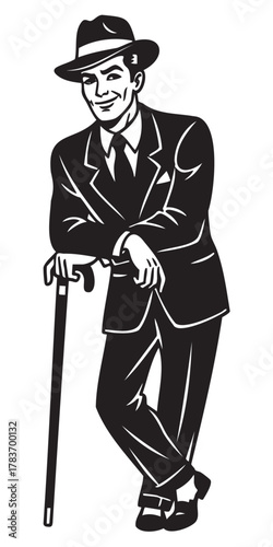 Black and white graphic of a male wearing a suit and hat, leaning casually on a cane, with a confident expression.