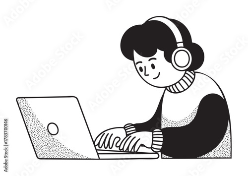 Young caucasian female wearing headphones and sweater working on a laptop with a focused expression.
