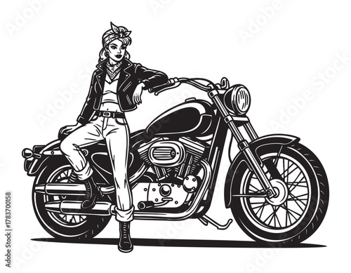 Female biker dressed in vintage attire confidently leans against a classic cruiser motorcycle, showcasing a blend of style and adventure.