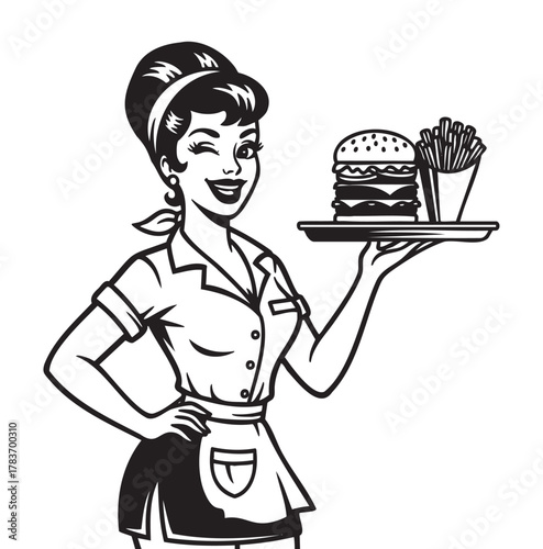 Black and white retro-style drawing of a smiling female server with an updo, holding a tray with a burger and fries, wearing a classic diner uniform.