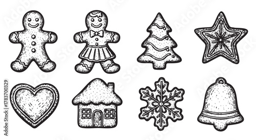 Hand-drawn black outline illustrations of festive holiday cookies, showcasing gingerbread figures, a christmas tree, a star, a heart, a house, a snowflake, and a bell.