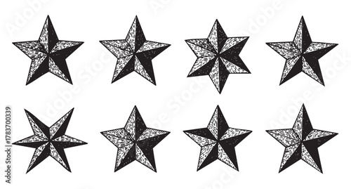 Eight black and white illustrated stars with intricate patterns displayed in two rows on a white background.