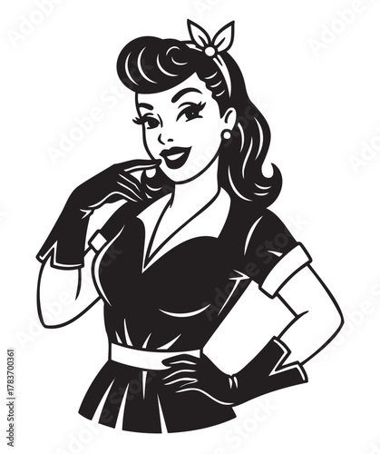 Black and white retro-style illustration of a smiling caucasian female with vintage hair, wearing gloves and a dress, embodying the classic pin-up look.