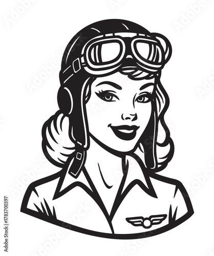 Black and white drawing of a smiling female aviator wearing goggles and a helmet, showcasing vintage aviation style.