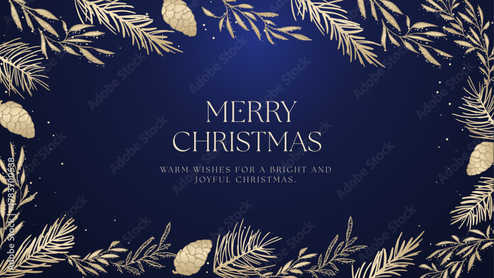 Obraz premium Luxury Blue and Gold Merry Christmas Banner — Elegant Pine Branch and Cone Holiday Vector Background