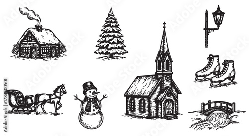 Black ink drawings of a rustic cabin, a snow-covered tree, a vintage street lamp, ice skates, a horse-drawn sleigh, a snowman, a small church, and a wooden bridge.