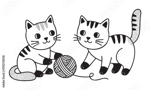 Two adorable cartoon kittens with striped patterns playfully interact with a ball of yarn on a white background.