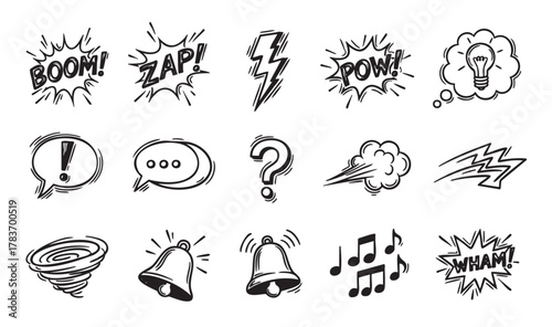 Black and white set of comic sound effects and speech bubbles, including words like "boom" and "zap," along with symbols like question marks and musical notes.