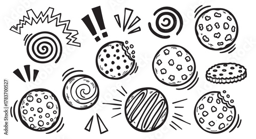 Black and white doodle-style illustrations of various decorated cookies, featuring polka dots, spirals, stripes, and zigzag patterns.