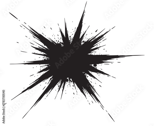 Black splatter paint effect resembling an ink explosion with sharp, irregular spikes emanating outward from the center.