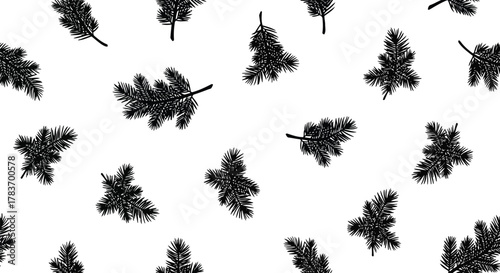 Christmas black and white pattern: seamless fir pine tree branches, winter holiday nature background.