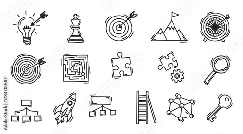 Hand-drawn icons illustrating various concepts including a lightbulb, chess piece, target, mountain, maze, puzzle piece, magnifying glass, rocket, ladder, and key.