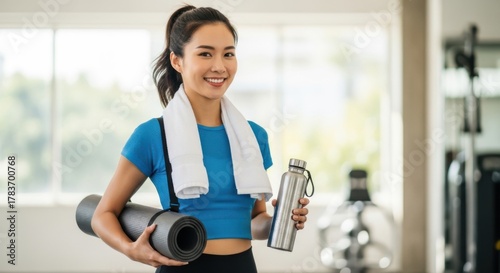 Smiling asian woman with yoga mat and water bottle at the gym after exercising