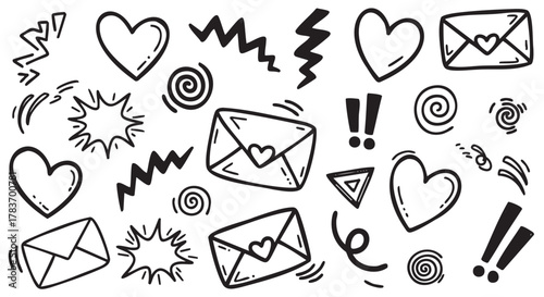 Black and white doodles of hearts, exclamation points, envelopes, and abstract zigzag lines on a plain background.