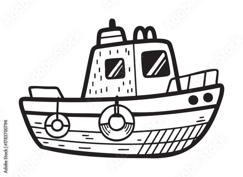 Black outline vector icon of a cute cartoon tugboat with circular windows and lifebuoys, ideal for nautical, ocean, and maritime themes.