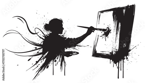 Silhouette of a female artist energetically painting on a canvas, with brush strokes flowing from her figure.