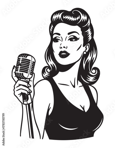 Black and white illustration of a female singer with vintage hairstyle holding a retro microphone, evoking a classic mid-20th century performance style.