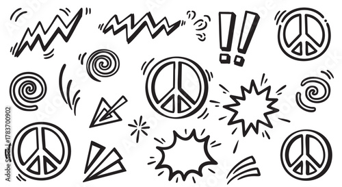 Black outline doodles including peace signs, zigzag lines, swirls, arrows, and exclamation marks, arranged in a scattered pattern.