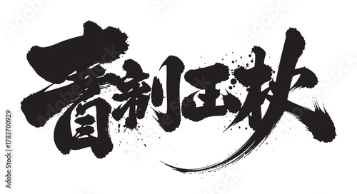 Bold black japanese calligraphy with dynamic brushstrokes conveying strength and elegance.
