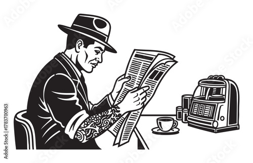 Tattooed caucasian male in a suit and hat reads a newspaper beside a cup of coffee and a jukebox.