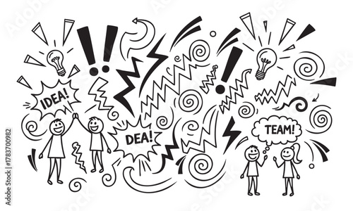 Black and white doodle illustration featuring stick figures with speech bubbles saying "idea" and "team" surrounded by dynamic lines, spirals, and exclamation marks.