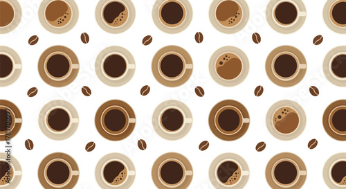 Top view coffee cup bean seamless pattern vector background cafe restaurant texture print design.