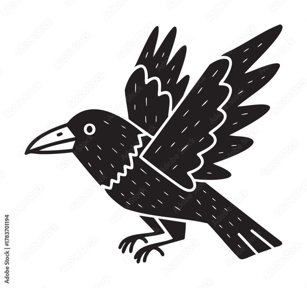 Naklejka premium Black outline vector icon of a stylized crow or raven with wings spread wide, showcasing minimal and simple design elements.