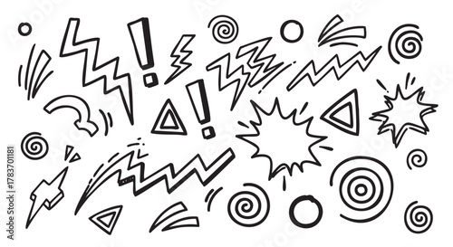 Black outline doodles of abstract symbols including zigzags, spirals, exclamation marks, and starbursts, conveying dynamic and energetic motion.