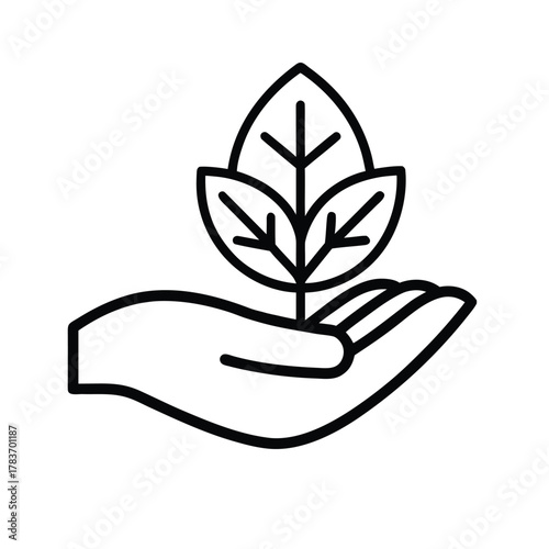 Minimalistic black outline icon illustration of a hand carrying a leaf icon. Concept for sustainable practices, environmental stewardship, and green growth promotion. 