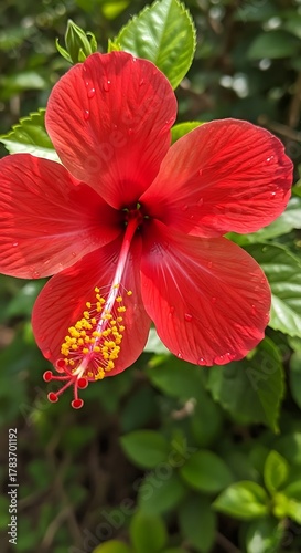 Vibrant Red Hibiscus Blossom in Natural Light.