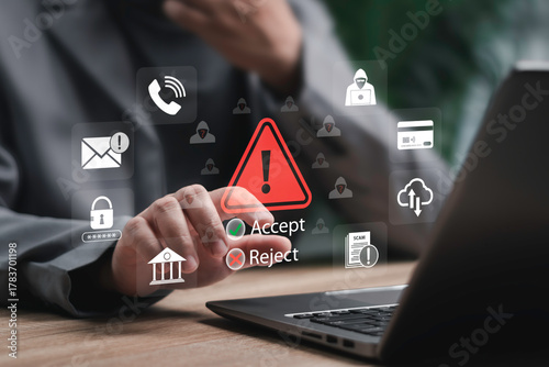 Scam Online Fraud Awareness Concept, Businessman Choosing Safe Options to Avoid Scammers, Protecting Personal Data,Emails, Bank Accounts, ID Numbers,Credit Cards, Preventing Phishing Call,Center Scams