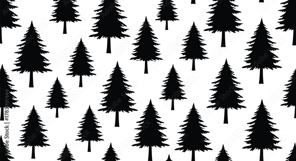 Obraz premium Black silhouette pine trees pattern forest woodland nature background evergreen conifer illustration