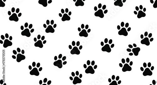 Black paw prints seamless pattern animal tracks dog cat footprints wildlife trail pet graphic isolated vector