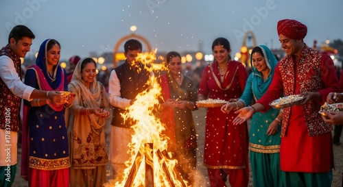 Lohri festival bonfire, group of people in traditional wear celebrating around bonfire  