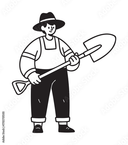 Black and white cartoon drawing of a male worker wearing overalls and a hat, holding a large shovel confidently.