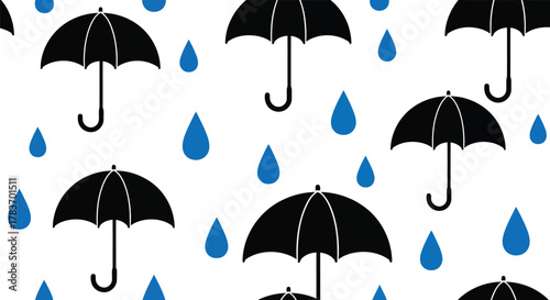 Black umbrella blue raindrop shower seamless pattern vector background weather forecast design print.
