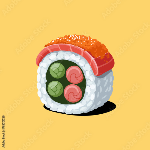 This image presents a colorful sushi roll with fresh fish and greens against a bright yellow backdrop, appealing to food lovers and culinary enthusiasts in design projects.