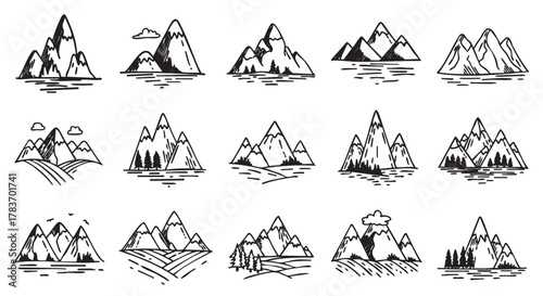 Hand-drawn black outline illustrations of various mountain peaks with trees and clouds, showcasing diverse scenic landscapes.