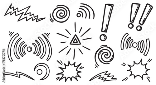 Collection of hand-drawn doodle sound effects, featuring swirls, zigzags, exclamation marks, and radiating lines, symbolizing various audio expressions.