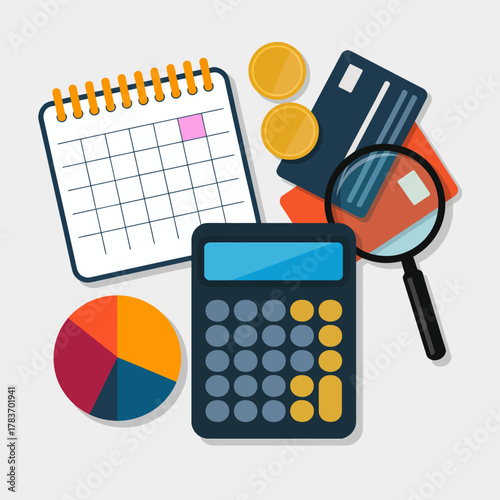 A collection of financial tools illustrated together, including a calculator, coins, and a calendar, symbolizing the organized approach needed for effective financial management.