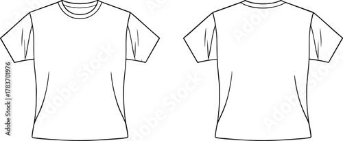 Blank white T shirt illustration, front and back view, crew neck, short sleeve, garment flat, apparel design, clothing template, fashion sketch